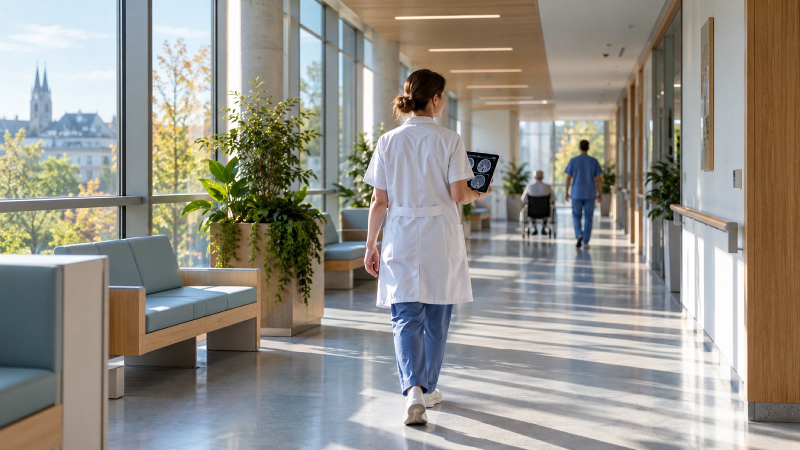 A calm modern European hospital corridor